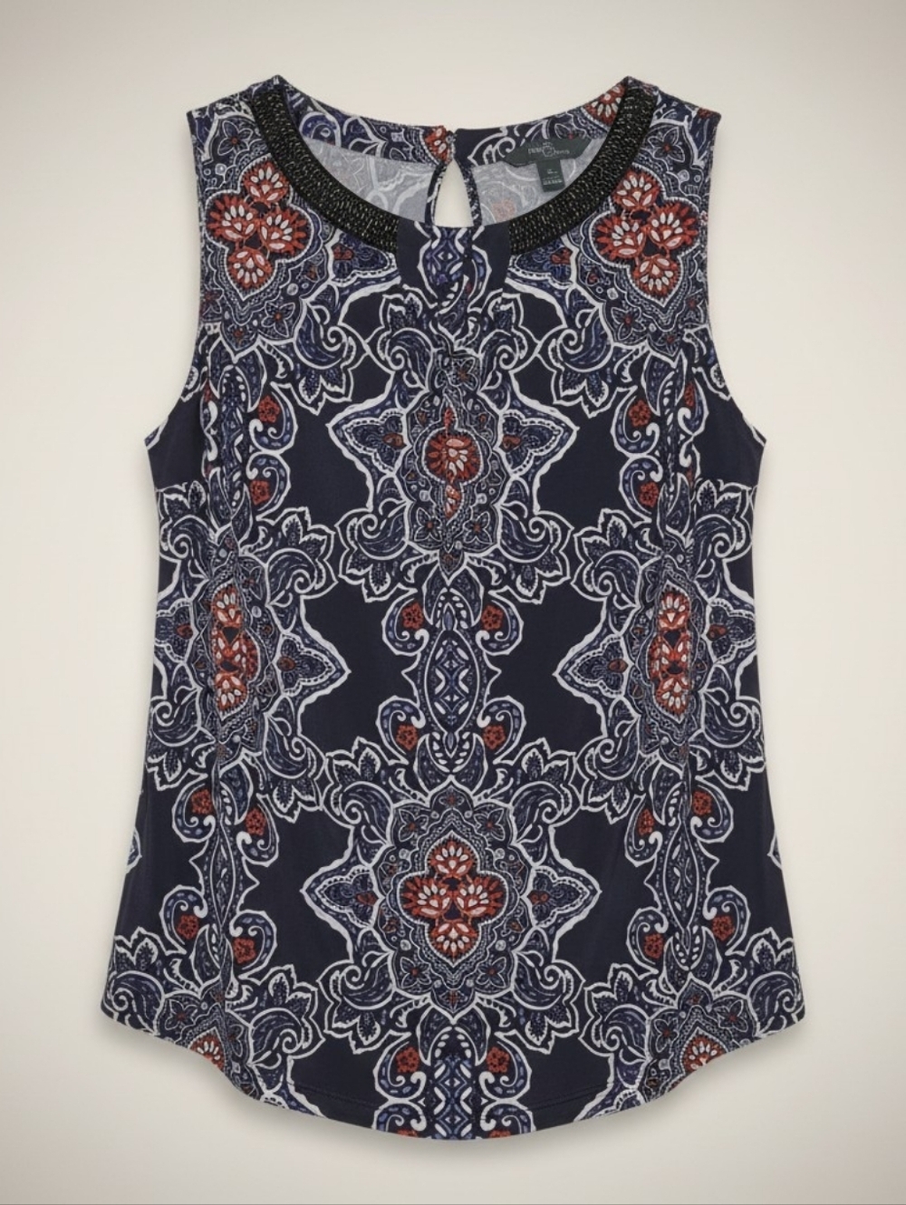 Market & Spruce Sleeveless Blouse 1X Navy Boho Print Beaded Neckline Plus Size